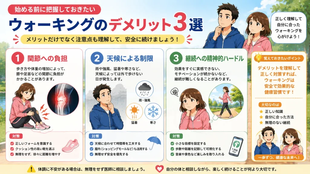 ウォーキングを始める前に知っておきたい3つのデメリットを解説する図解画像。関節への負担、天候による制限、継続への精神的ハードルと、それぞれの対策を分かりやすく紹介している。
