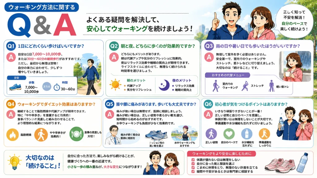ウォーキングに関するよくある質問をまとめたQ&A図解画像。歩数の目安、歩く時間帯、雨の日の対応、ダイエット効果、痛みがある場合の対処法、初心者が気を付けるポイントを分かりやすく解説している。