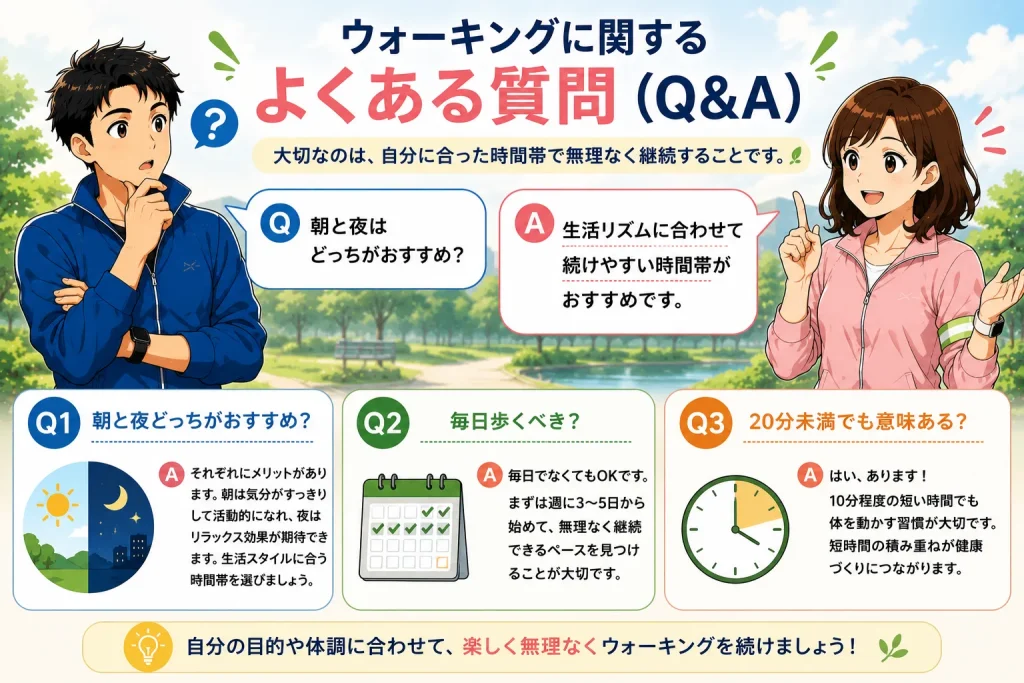 健太と美咲がウォーキングに関するよくある質問について会話しながら、「朝と夜どちらがおすすめ？」「毎日歩くべき？」「20分未満でも意味はある？」を図解で紹介しているイメージ