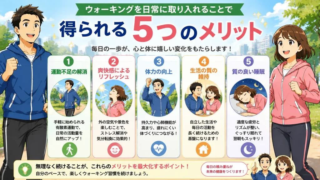 ウォーキングを日常に取り入れることで得られる5つのメリットを紹介する図解画像。健康的な男女とイラストを用いて、運動不足の解消、リフレッシュ、体力向上、生活の質の維持、質の良い睡眠を分かりやすく説明している。