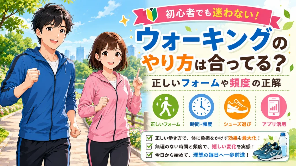 初心者向けに正しいウォーキングのフォームや頻度を紹介する記事のアイキャッチ画像。ウォーキングウェア姿の健太と美咲が公園を歩きながら、フォーム・時間・シューズ・アプリ活用のポイントを案内している。