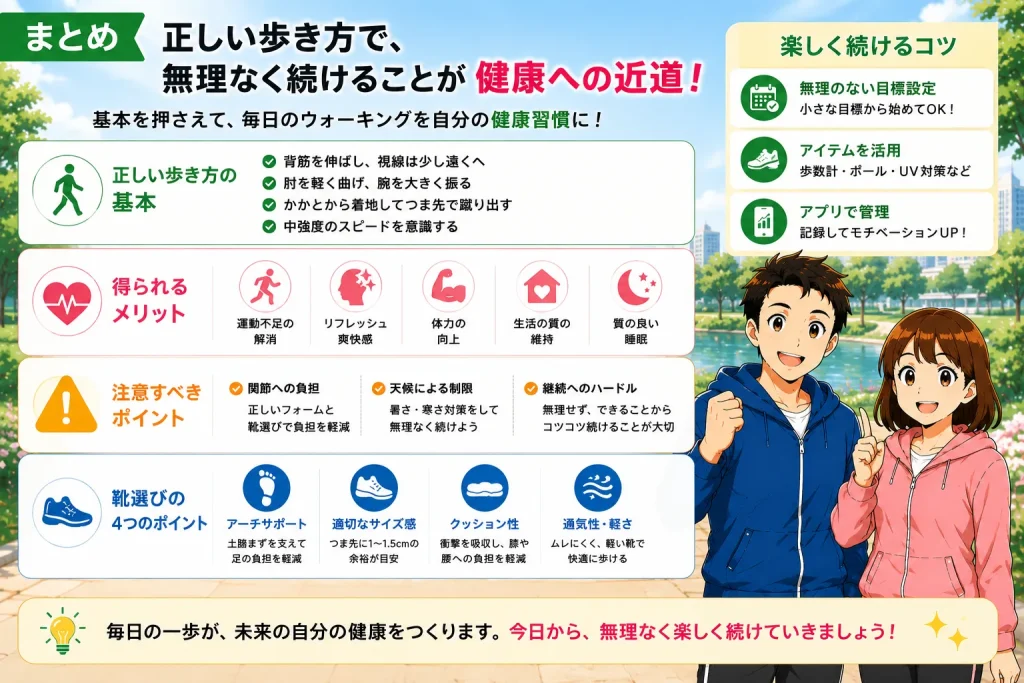 正しいウォーキング方法の記事内容をまとめた図解画像。右側にブランドキャラクターの健太と美咲を大きく配置し、左側に正しい歩き方、ウォーキングのメリット、注意点、シューズ選び、継続のコツを簡潔に紹介している。