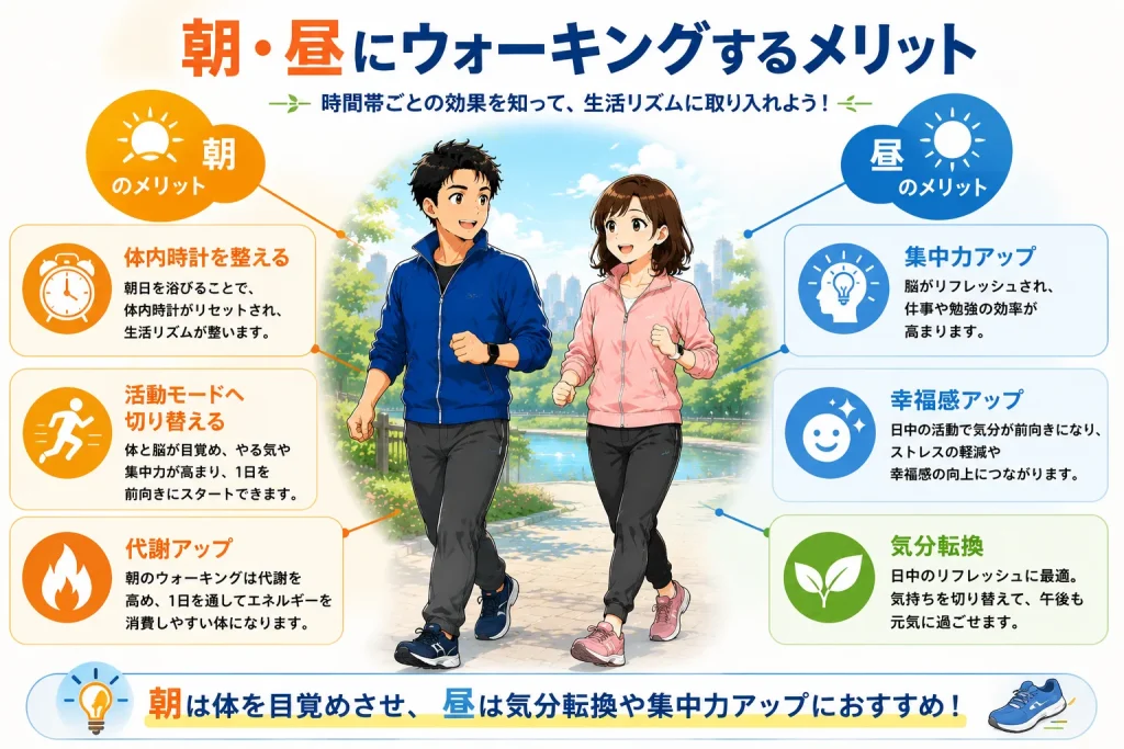 健太と美咲が朝の公園をウォーキングしながら、朝と昼それぞれのウォーキングのメリット（体内時計・代謝・集中力・幸福感・気分転換）を図解で紹介しているイメージ