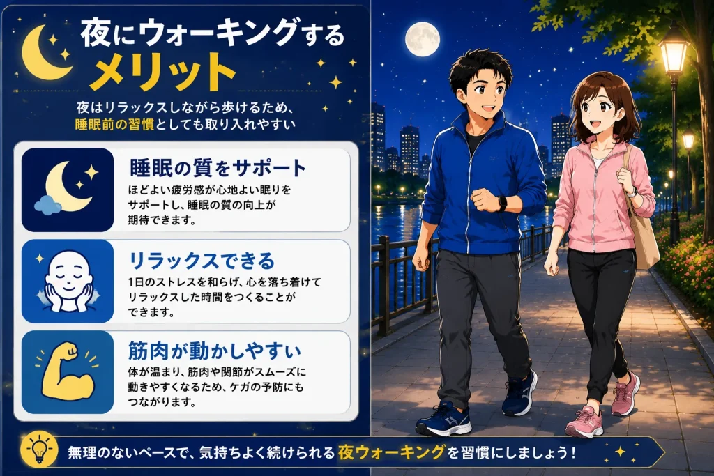 健太と美咲が夜の遊歩道をウォーキングしながら、夜に歩くメリットとして睡眠の質のサポート、リラックス、筋肉が動きやすいことを図解で紹介しているイメージ