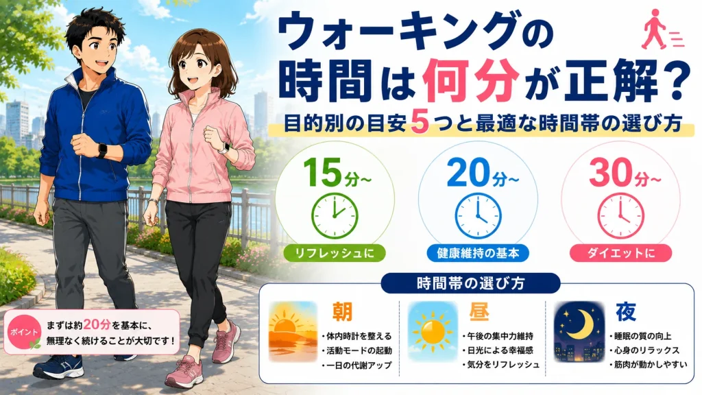 健太と美咲がウォーキングをしながら、15分・20分・30分の目安と朝・昼・夜それぞれに適したウォーキング時間帯を紹介しているイメージ