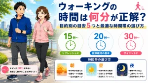 健太と美咲がウォーキングをしながら、15分・20分・30分の目安と朝・昼・夜それぞれに適したウォーキング時間帯を紹介しているイメージ