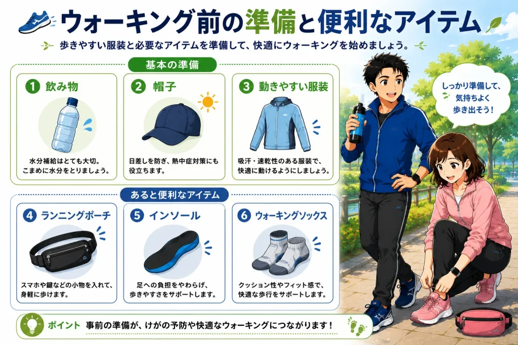 健太と美咲がウォーキング前の準備をしながら、飲み物・帽子・動きやすい服装・ランニングポーチ・インソール・ウォーキングソックスなど、必要な持ち物や便利なアイテムを図解で紹介しているイメージ