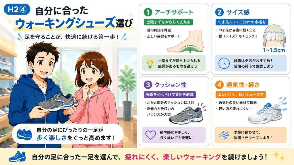 自分に合ったウォーキングシューズの選び方を解説する図解画像。アーチサポート、適切なサイズ感、クッション性、通気性・軽さの4つのポイントを、ブランドキャラクターの健太と美咲とともに分かりやすく紹介している。