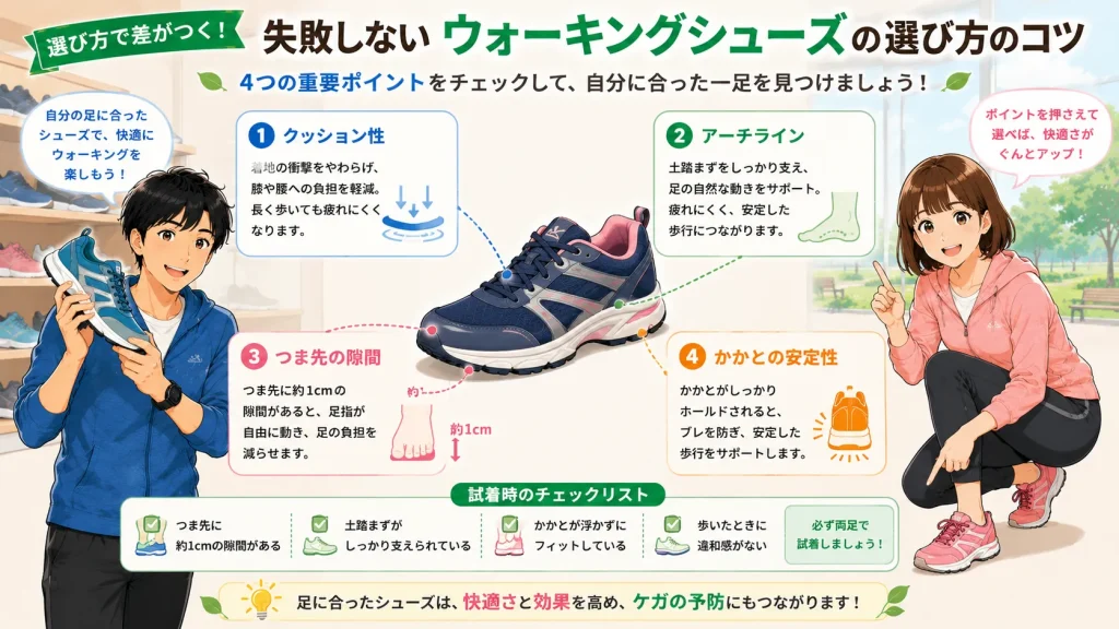 ウォーキングシューズの選び方を図解で紹介する画像。健太がシューズを持ち、美咲が足元を指差しながら、クッション性・アーチライン・つま先の余裕・かかとの安定性を解説している。