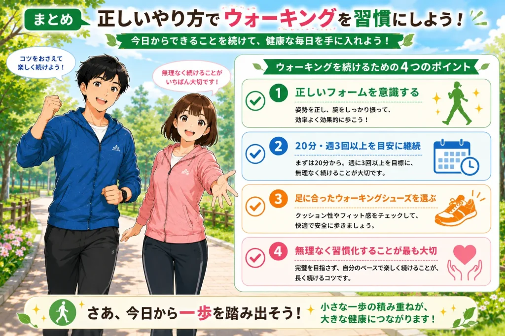 ウォーキングの正しいやり方をまとめた画像。健太がガッツポーズ、美咲が笑顔で読者を励ましながら、正しいフォーム、継続頻度、シューズ選び、習慣化の4つのポイントを紹介している。