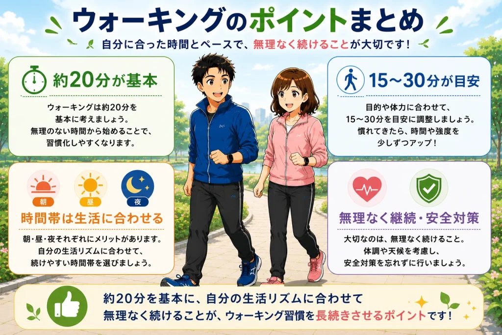 健太と美咲がウォーキングをしながら、約20分を基本に15〜30分を目安とし、生活リズムに合わせて無理なく継続するポイントを図解でまとめているイメージ