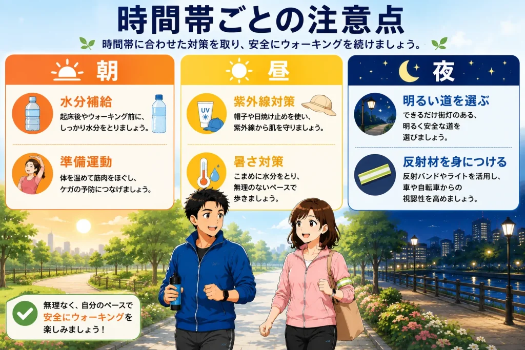健太と美咲がウォーキングをしながら、朝・昼・夜それぞれの時間帯に応じた注意点（水分補給・紫外線対策・明るい道・反射材）を紹介している図解イメージ