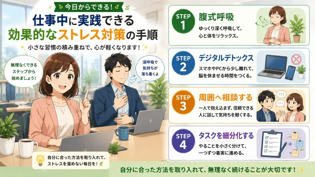 オフィスで美咲が仕事中にできるストレス対策を説明し、健太が腹式呼吸を実践しながら、腹式呼吸・デジタルデトックス・相談・タスク細分化の4つの手順を紹介している16:9のイラスト。
