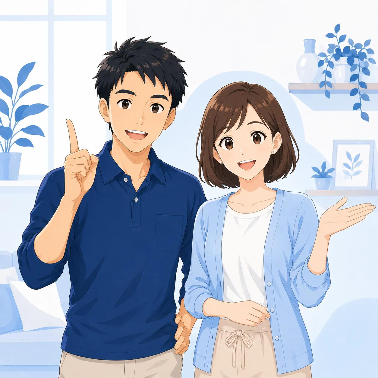 健太と美咲が笑顔で読者に健康のコツを分かりやすく案内している正方形イラスト