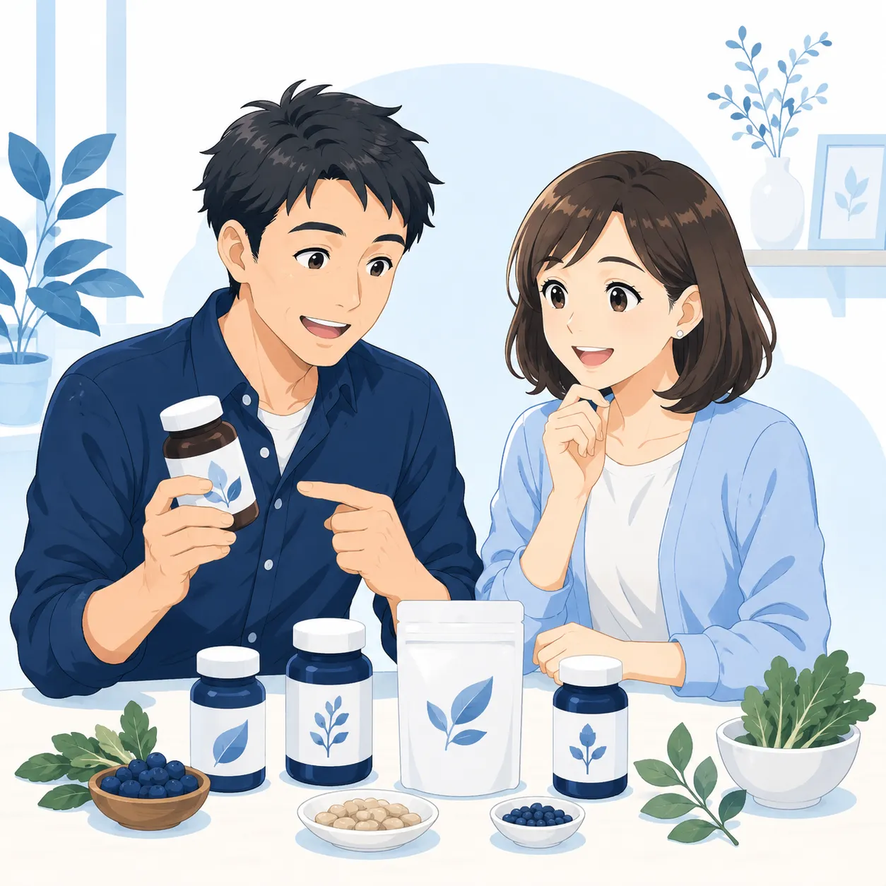 健太と美咲がオーガニックサプリメントを見ながら栄養について笑顔で話し合っている正方形イラスト