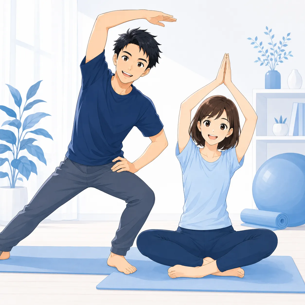 健太と美咲が明るい室内で笑顔でヨガやストレッチを楽しんでいる健康的な正方形イラスト