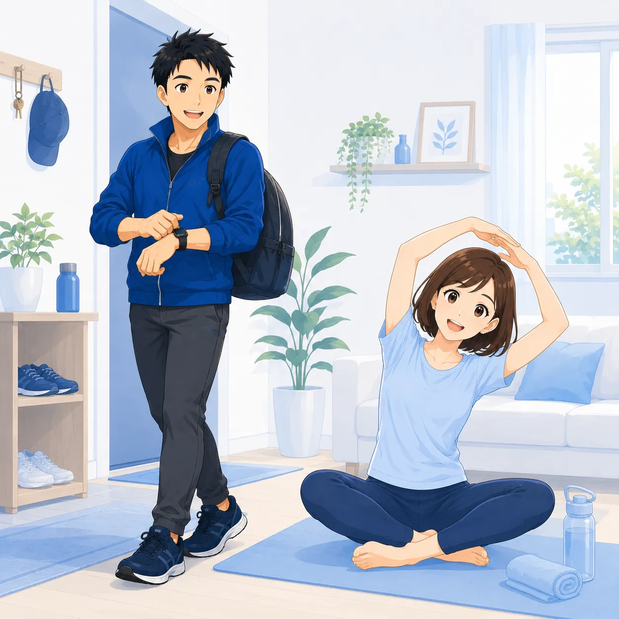 健太がウォーキングへ出かける準備をし、美咲が自宅で笑顔でストレッチを楽しんでいる健康習慣の正方形イラスト