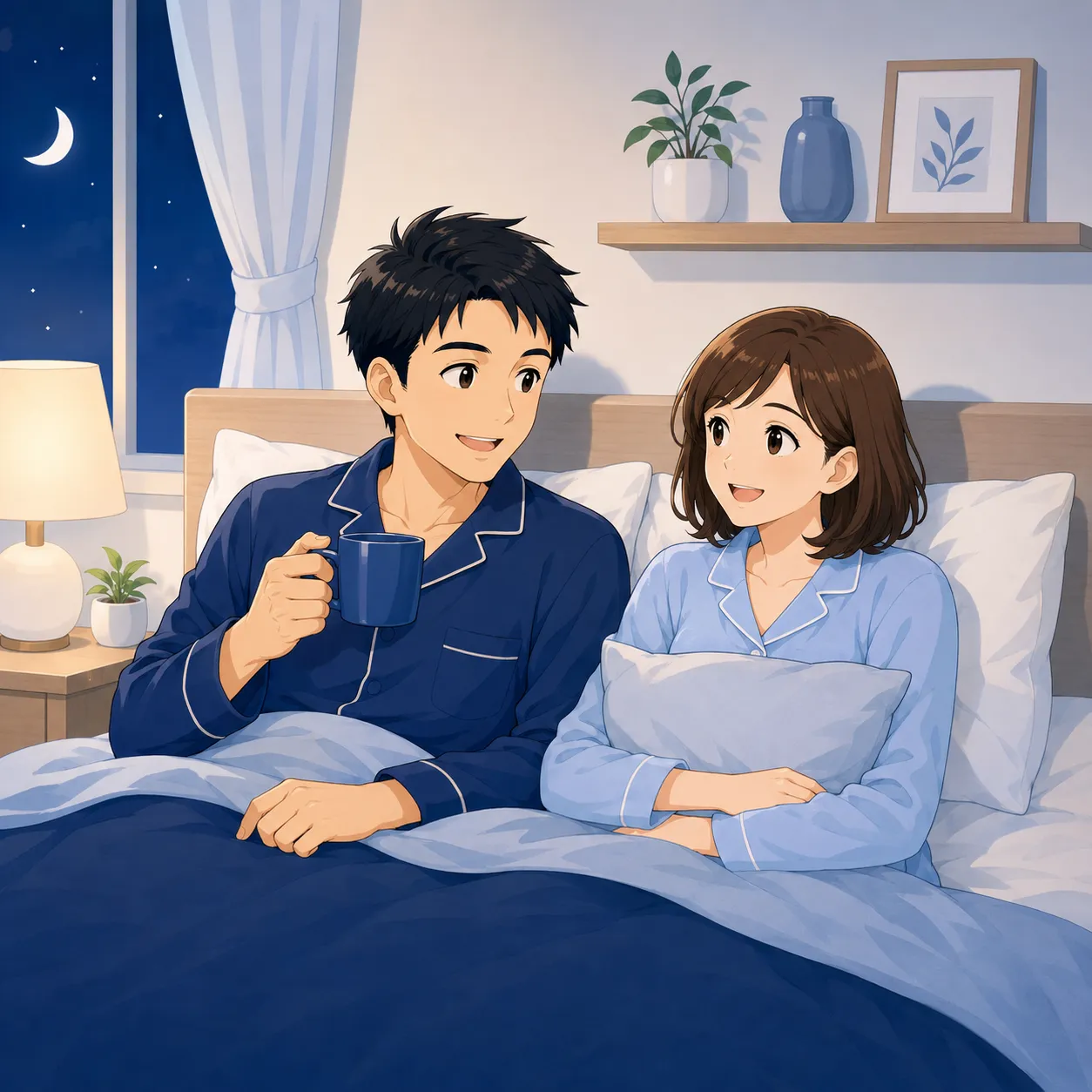 健太と美咲が落ち着いた寝室でリラックスしながら、快適な睡眠時間を過ごしている様子を描いたイラスト